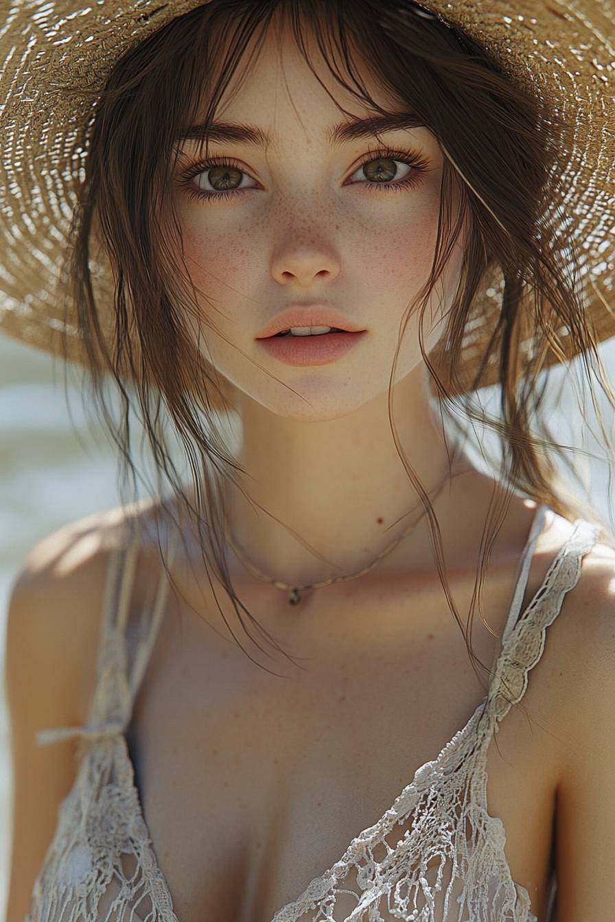 Anime girl in a pastel colored dress with detailed lace trim and a stylish sun hat, exuding an elegant yet casual vibe.