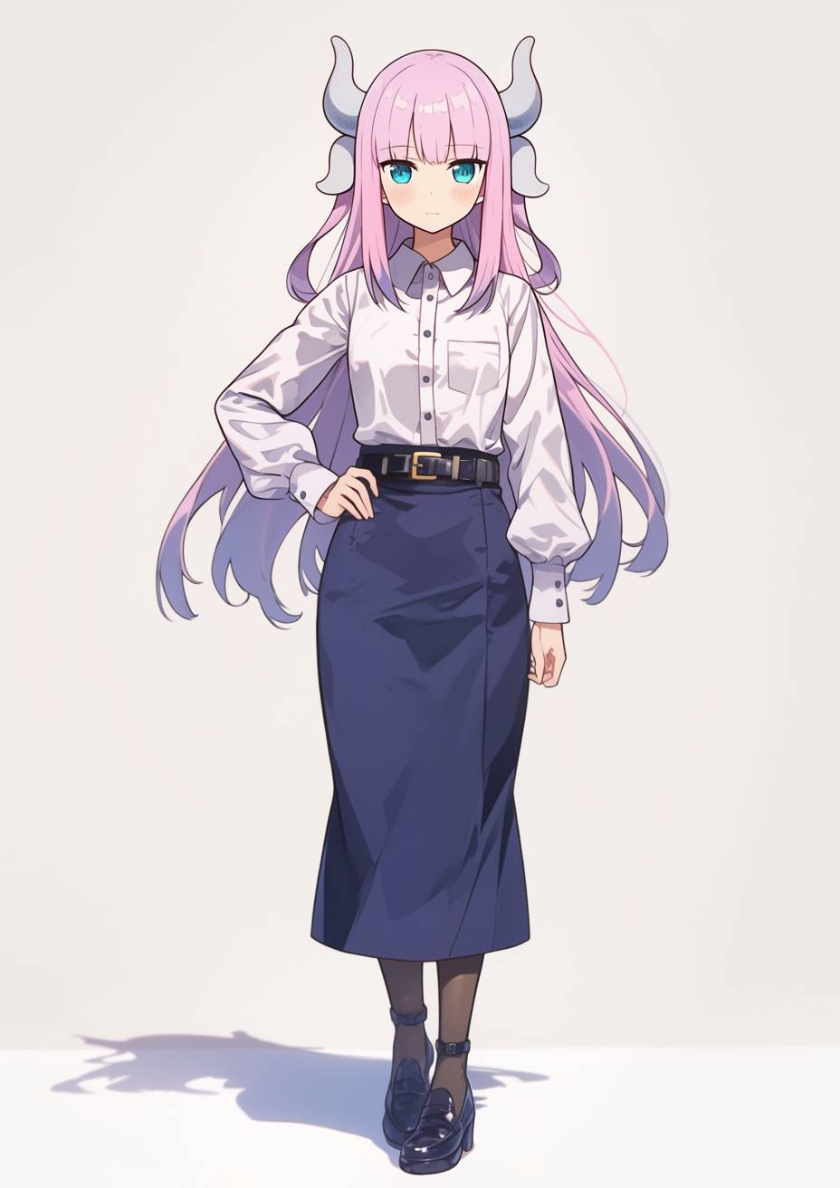 Kobayashi lleva un atuendo de oficina simple: camisa blanca, falda navy y tacones negros, llevando un maletín mientras camina por el pasillo de un edificio profesional.