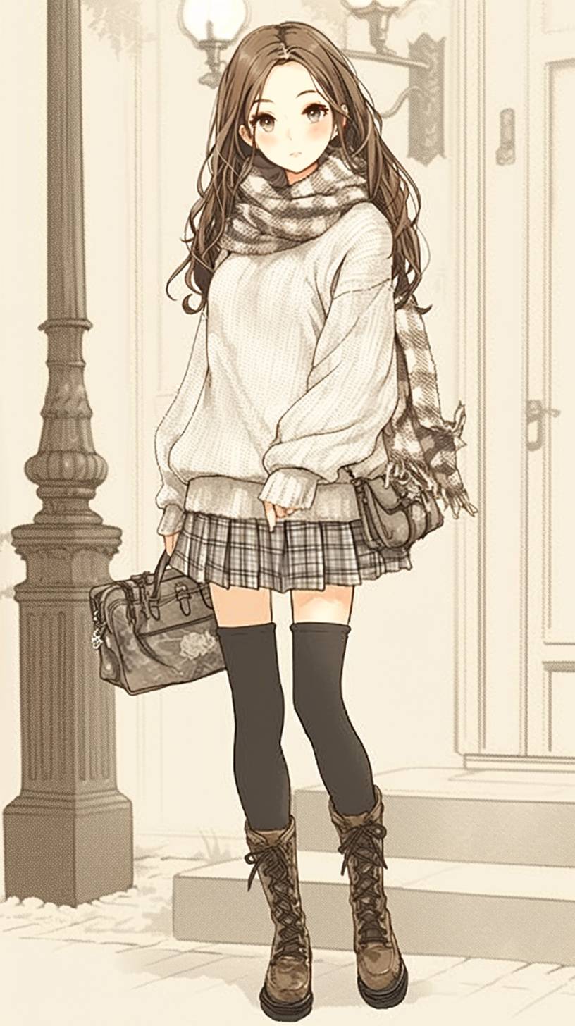 Anime girl wearing an ivory oversized sweater, plaid skirt, and knee-high socks, inspired by Keira Knightley's vintage style.