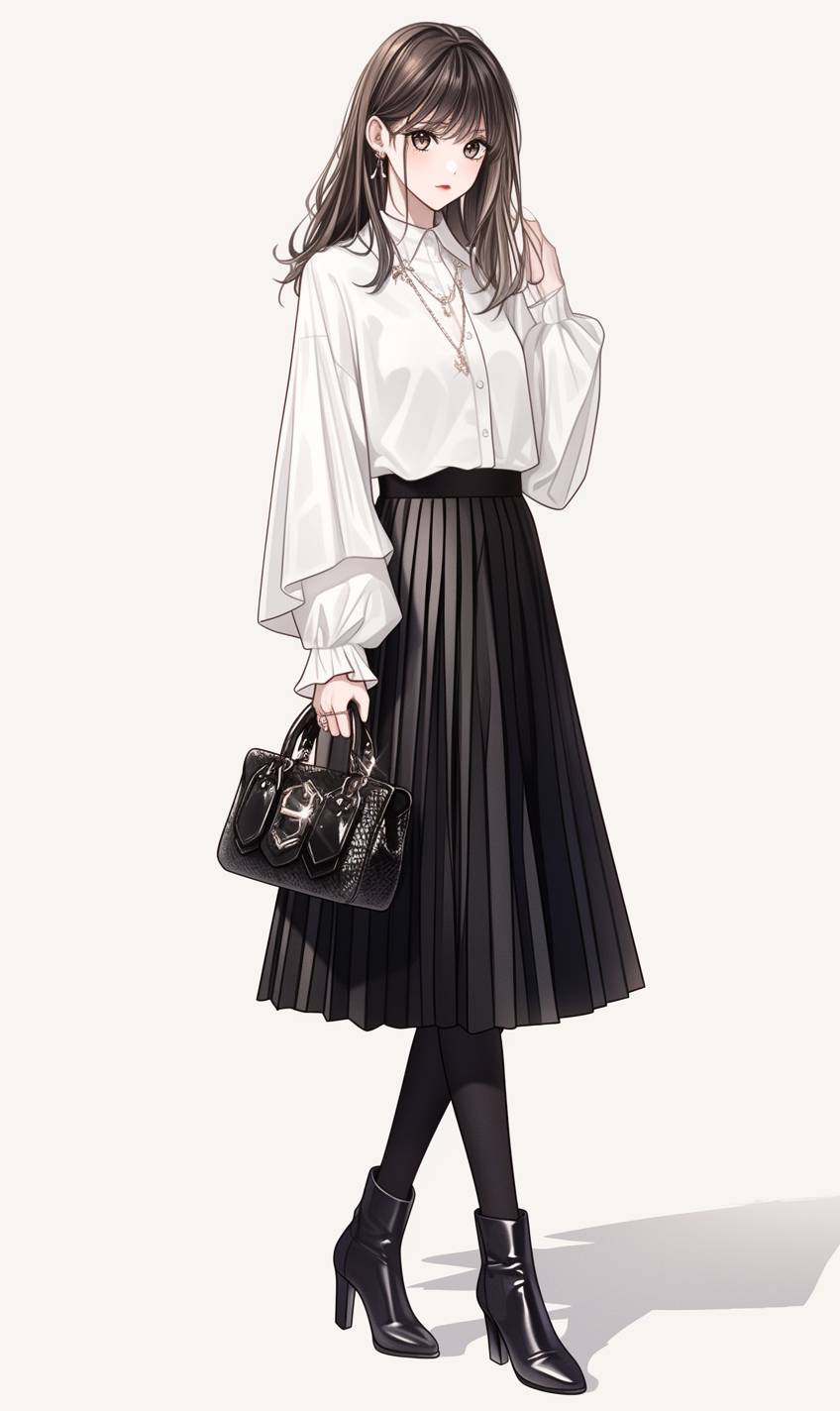 Chica de anime con un look monocromático elegante: blusa blanca, falda negra plisada y botas negras.