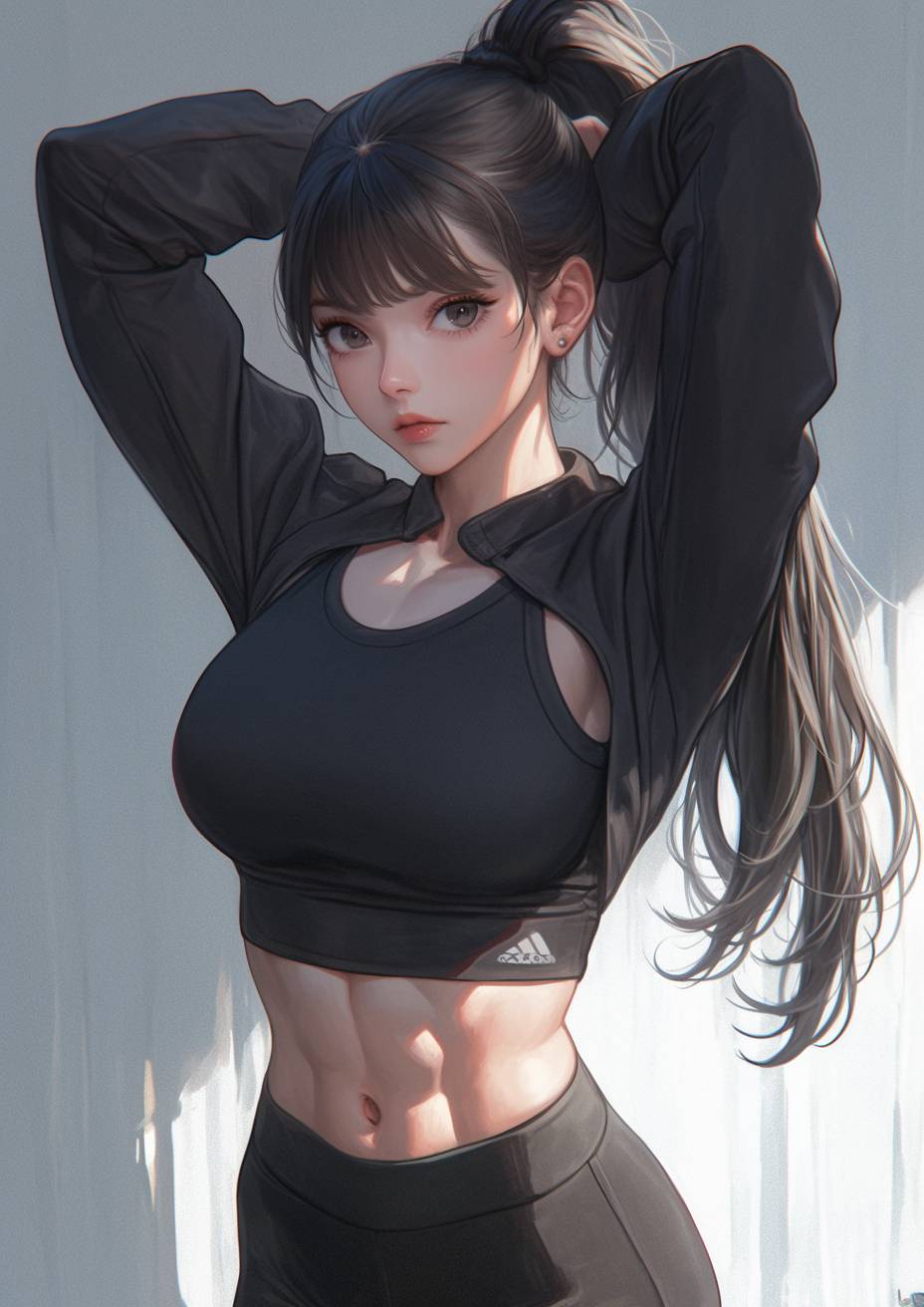 An anime girl in fitness pants stretching on the gym floor, focused expression, toned and fit body.