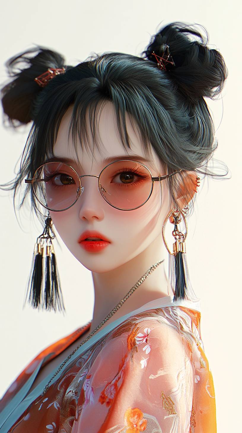 Una chica genial vestida con Hanfu, llevando gafas de sol transparentes y aretes de borlas, luciendo animada.