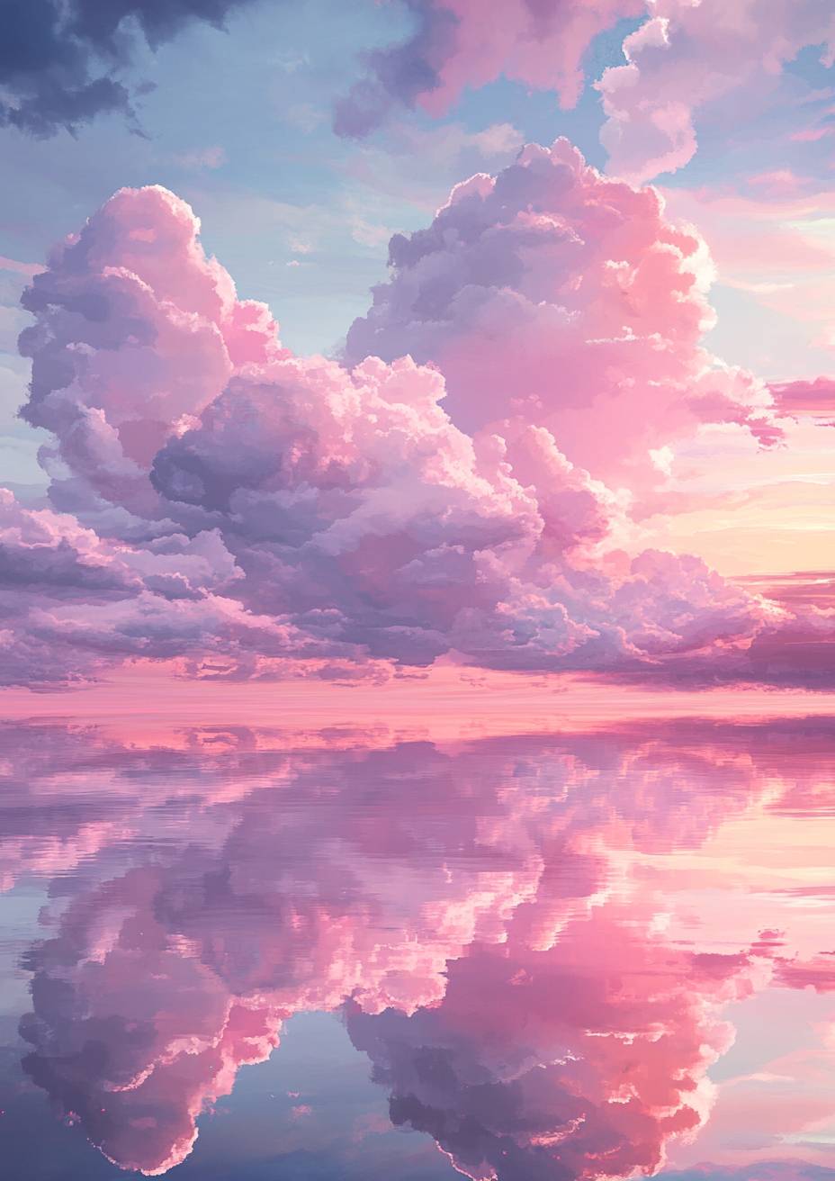 Soft pink clouds reflecting over a still lake, peaceful atmosphere, tranquil sunset.