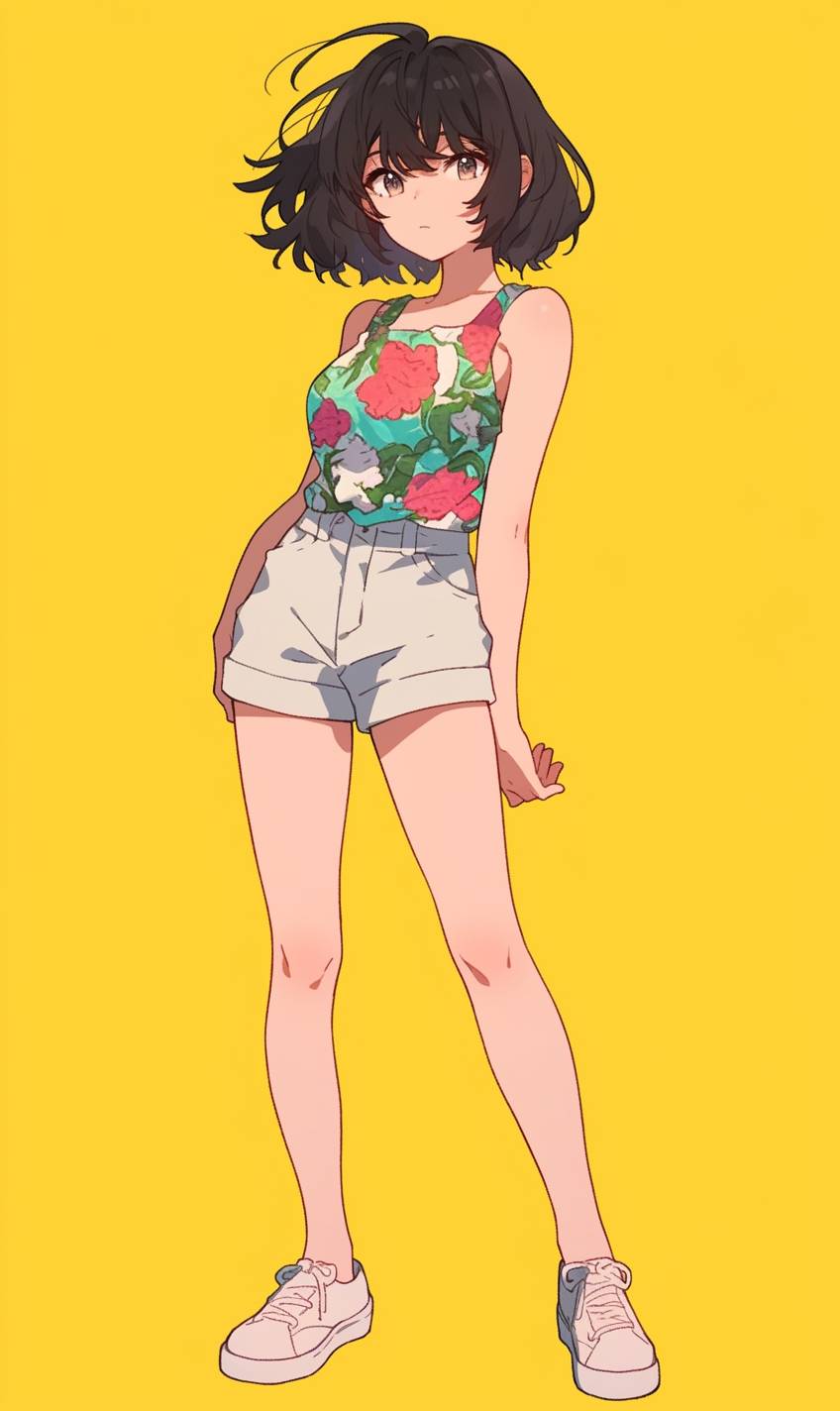 An anime-inspired character in a colorful floral tank top, high-waisted shorts, and slip-on sneakers exuding a playful and fun vibe.