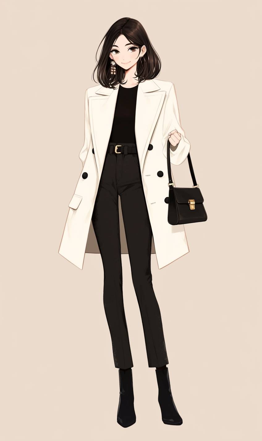 Chica de anime con un look monocromático elegante, blazers blancos sobre una blusa negra y pantalones negros, inspirada en Meghan Markle.