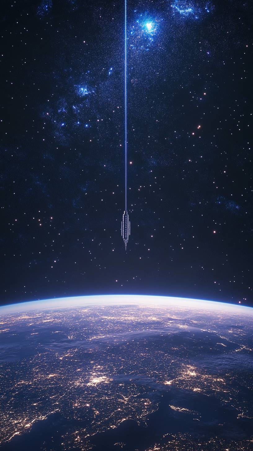 Space elevator concept, earth atmosphere gradient, stars background