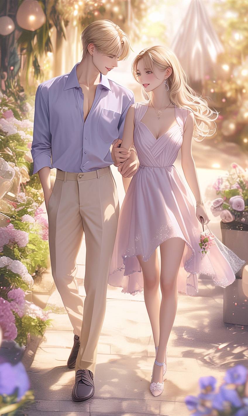 Um casal com roupas em tons pastéis caminhando por um jardim de flores, sorrindo um para o outro.