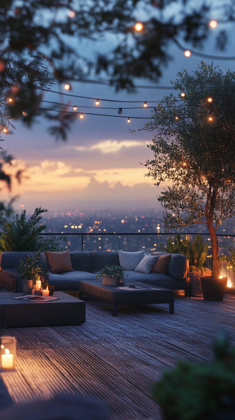 Urban rooftop garden with modern lounge furniture, string lights, potted olive trees, and a twilight city lights backdrop