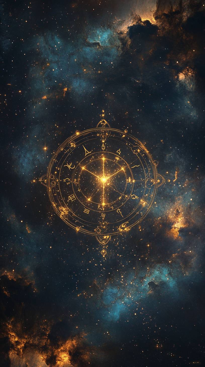 A single zodiac symbol softly glowing in gold or silver, floating in the center of a dark night sky filled with stars and nebulae.