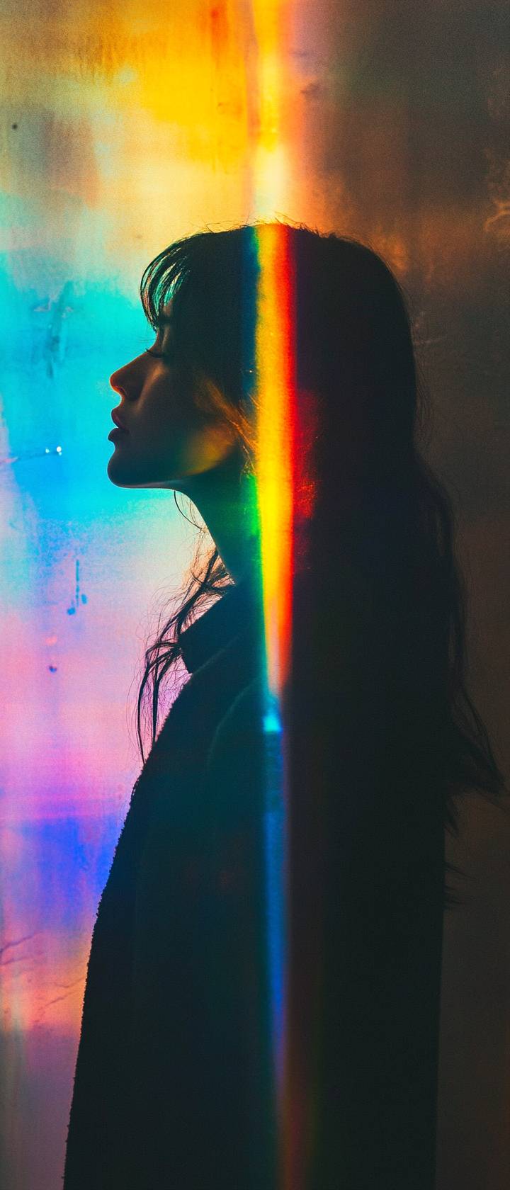 A woman stands behind a rainbow light beam in a textured minimalist abstract style.