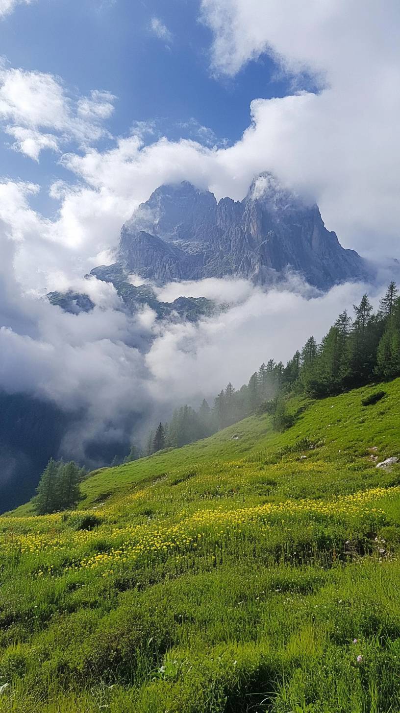 夏季山草甸的花朵与高山峰和夏季云彩相结合，空气清新。