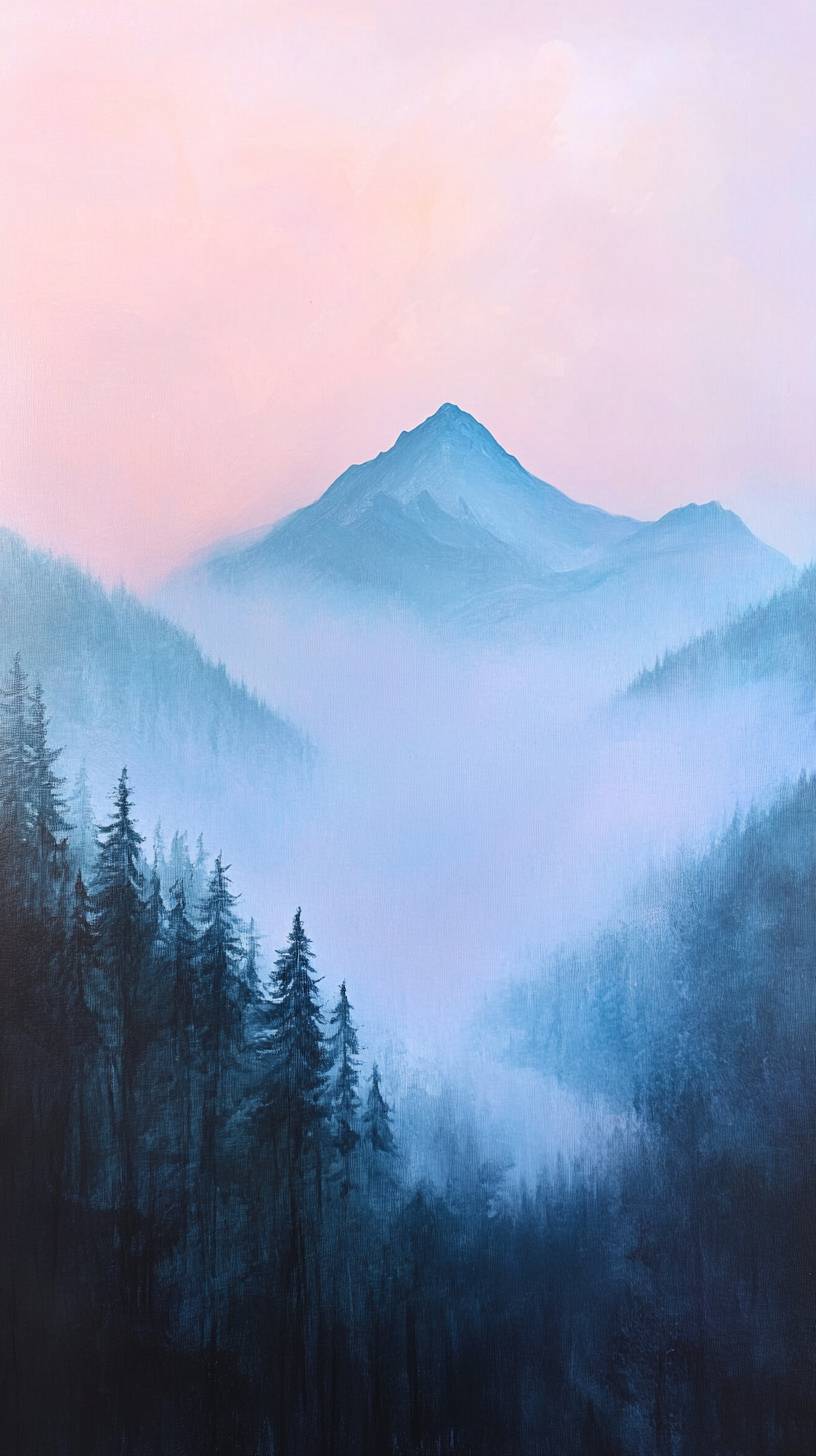 Peaceful dawn scene with subtle mountain silhouette, soft mist, and pale blue and pink hues.