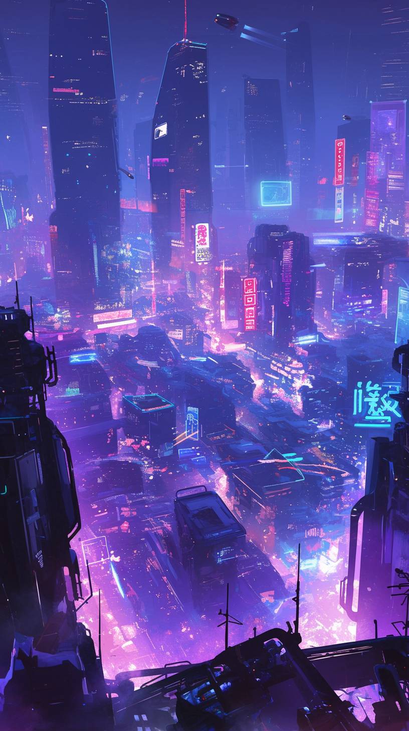 Cyberpunk-Stadtlandschaft mit dunklen Tönen und Neonakzenten, futuristischen Technikelementen in leuchtendem Lila und Türkis.