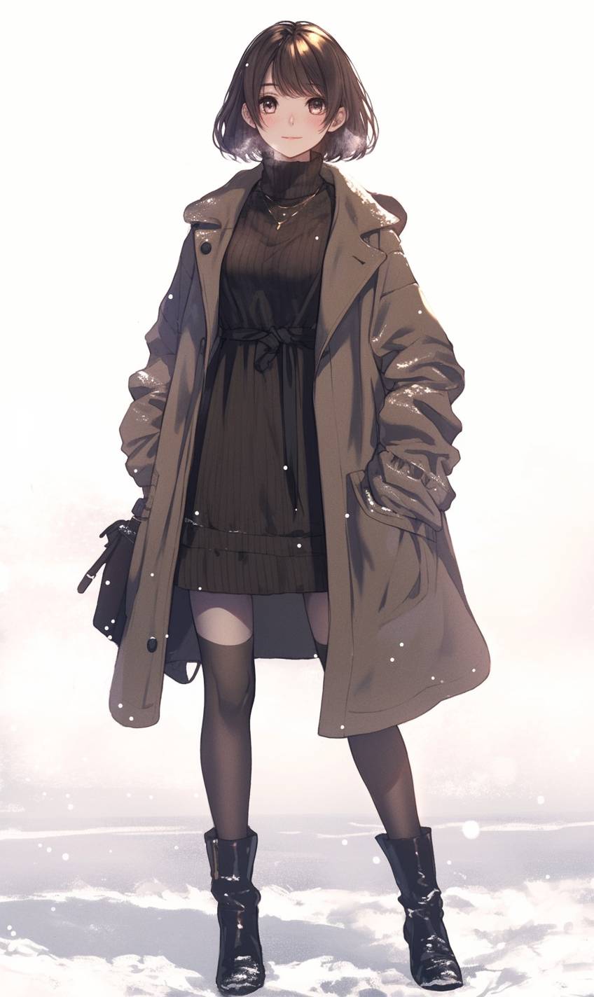 Menina de anime de inverno vestindo um vestido de suéter de gola alta, casaco longo e botas, contra um fundo nevado, mostrando uma moda aconchegante.