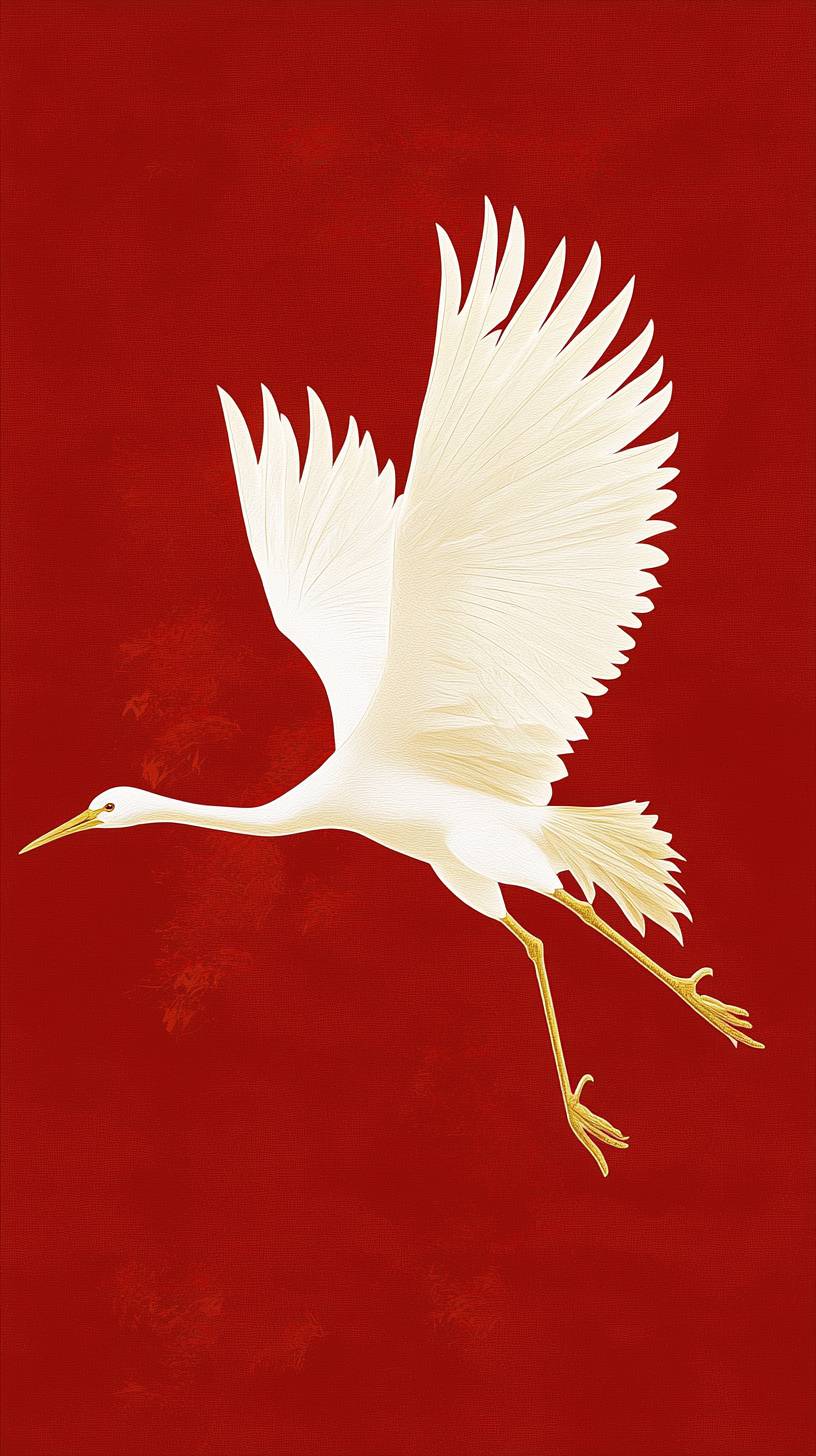 A red background with a delicate golden crane in flight, symbolizing peace and longevity, creates a minimalist yet meaningful image.