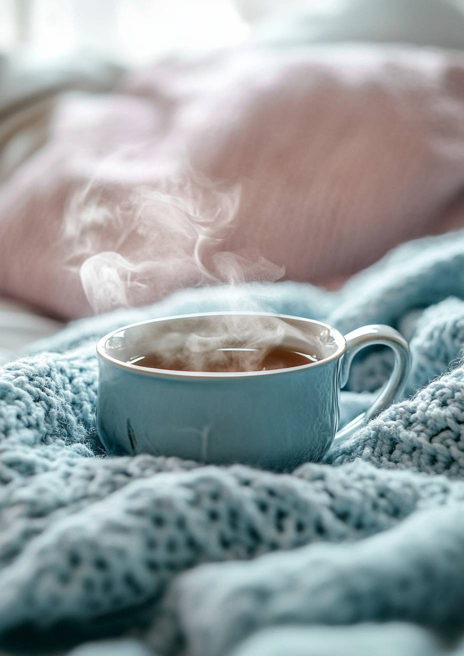 Gemütliche Pastell-Decke und dampfende Tasse Tee, weiche Texturen, warme Töne, einladende Atmosphäre