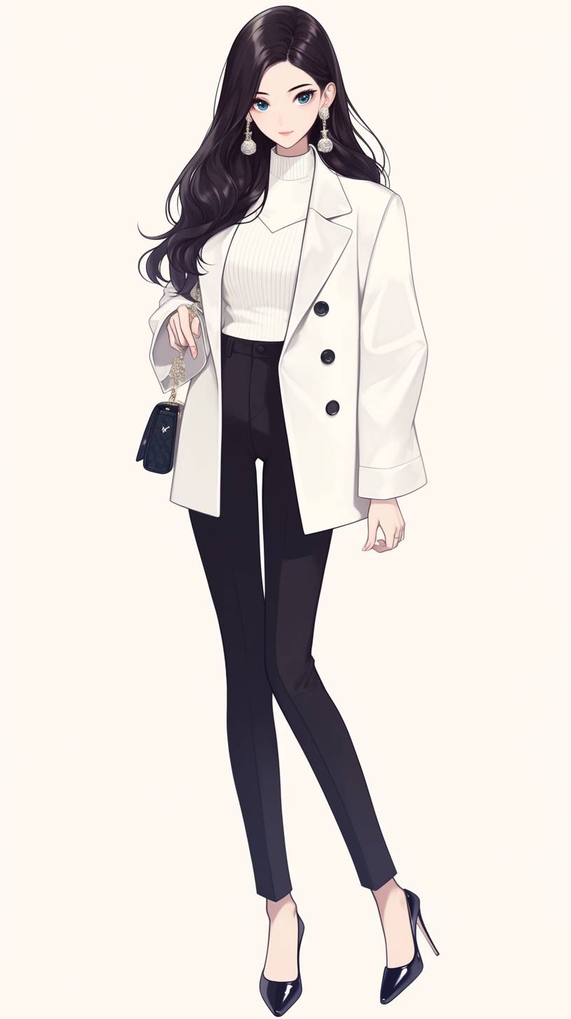 A CG realistic anime girl in a chic monochrome outfit with a white blazer, black trousers, and black pointed heels, complemented by a small white handbag and gold hoop earrings for a polished look.