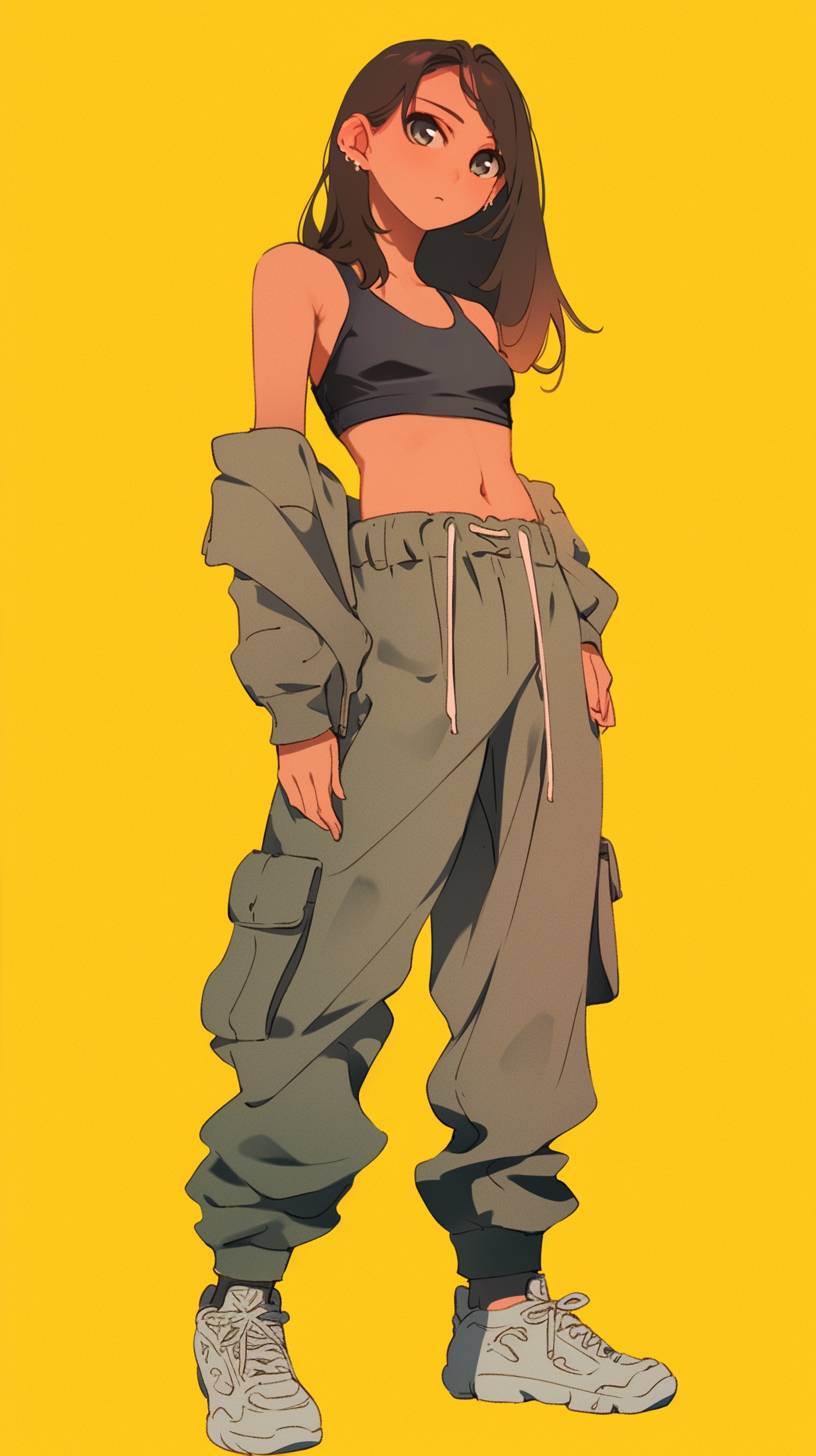 Chica de anime con una blusa sin mangas y pantalones deportivos grises, mostrando un estilo urbano casual, con una vibra acogedora y deportiva, actitud fresca y relajada.