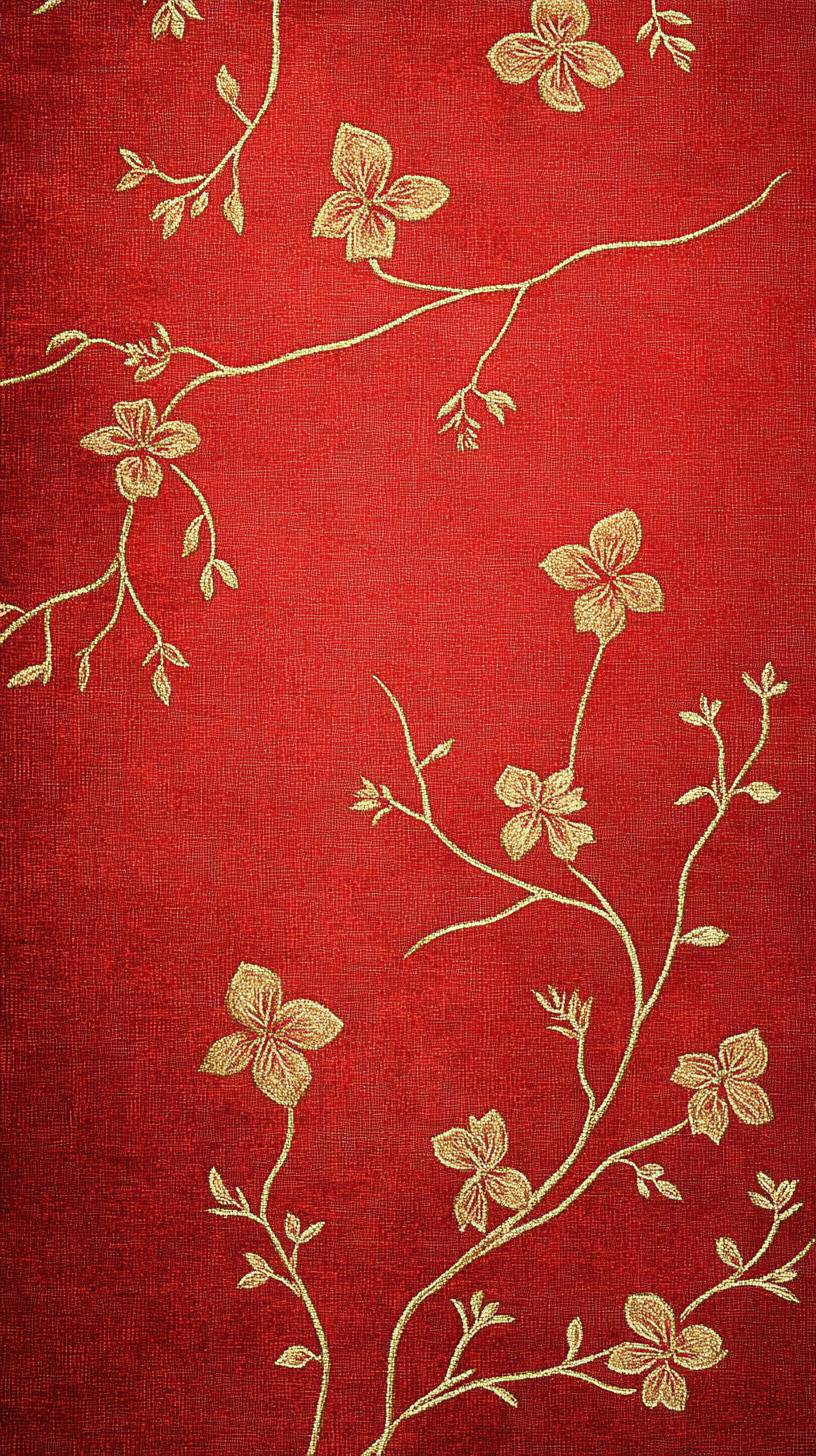 Roter Hintergrund mit gestickten Blumenmustern und versteckten goldenen Details, die ein elegantes und modernes Gefühl vermitteln.