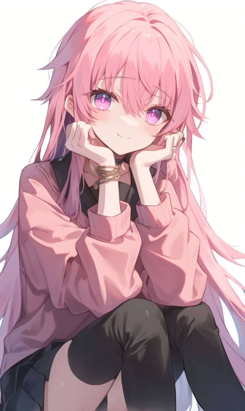 Yuno Gasai from Future Diary wearing cute and stylish everyday attire: a pink oversized sweater, black skirt, thigh-high socks, and knee-high boots, holding a phone, with a mischievous look.