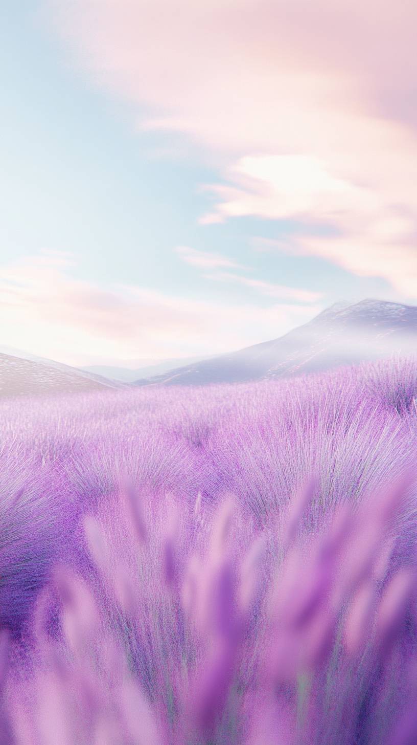 Soft-focus lavender field, gentle breeze, light pink and purple tones, tranquil and serene.