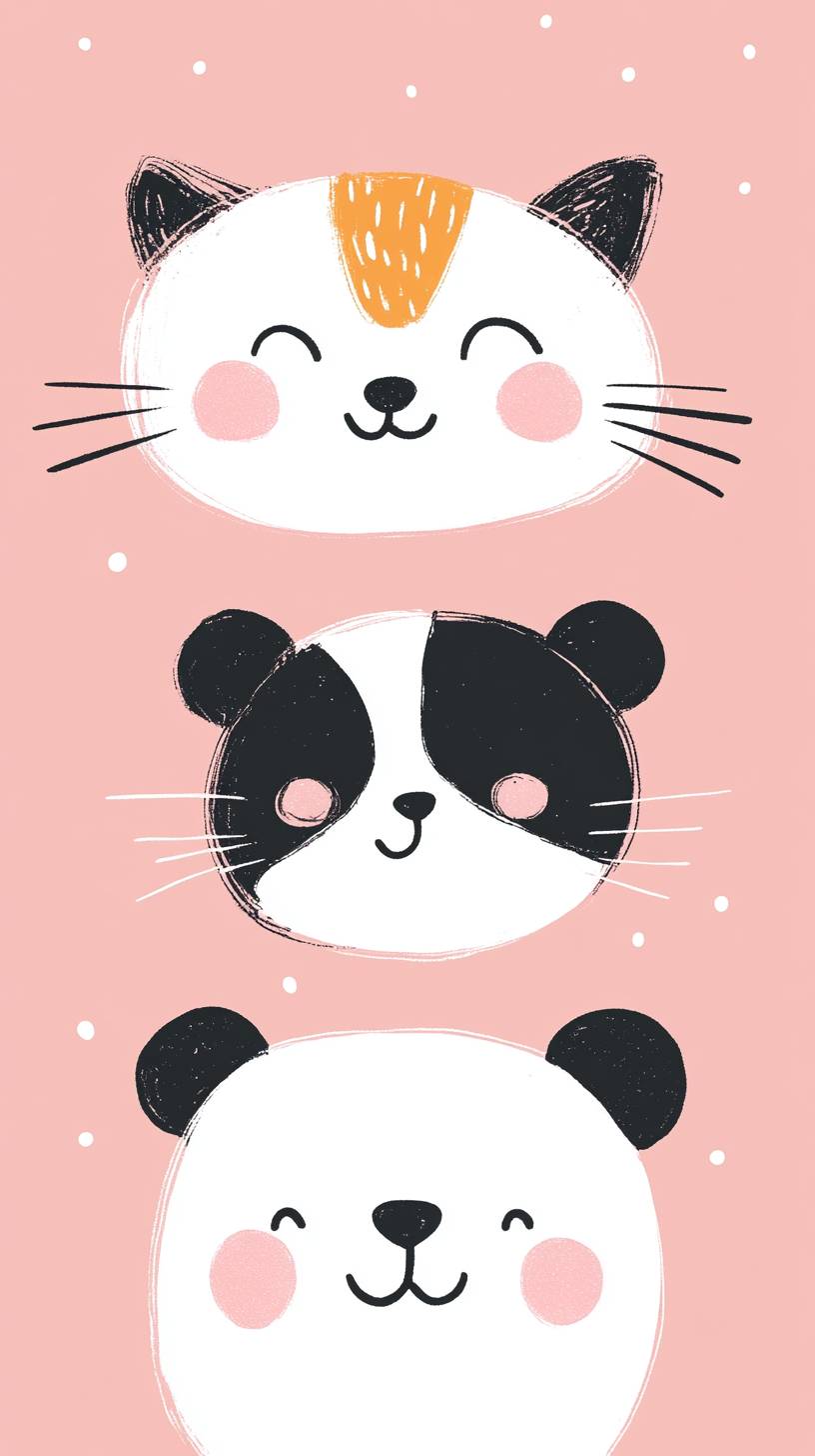 Animais de desenho animado fofos, como um gato peludo ou um panda sorridente, desenhados em um estilo simples e brincalhão, ideais para um papel de parede divertido.