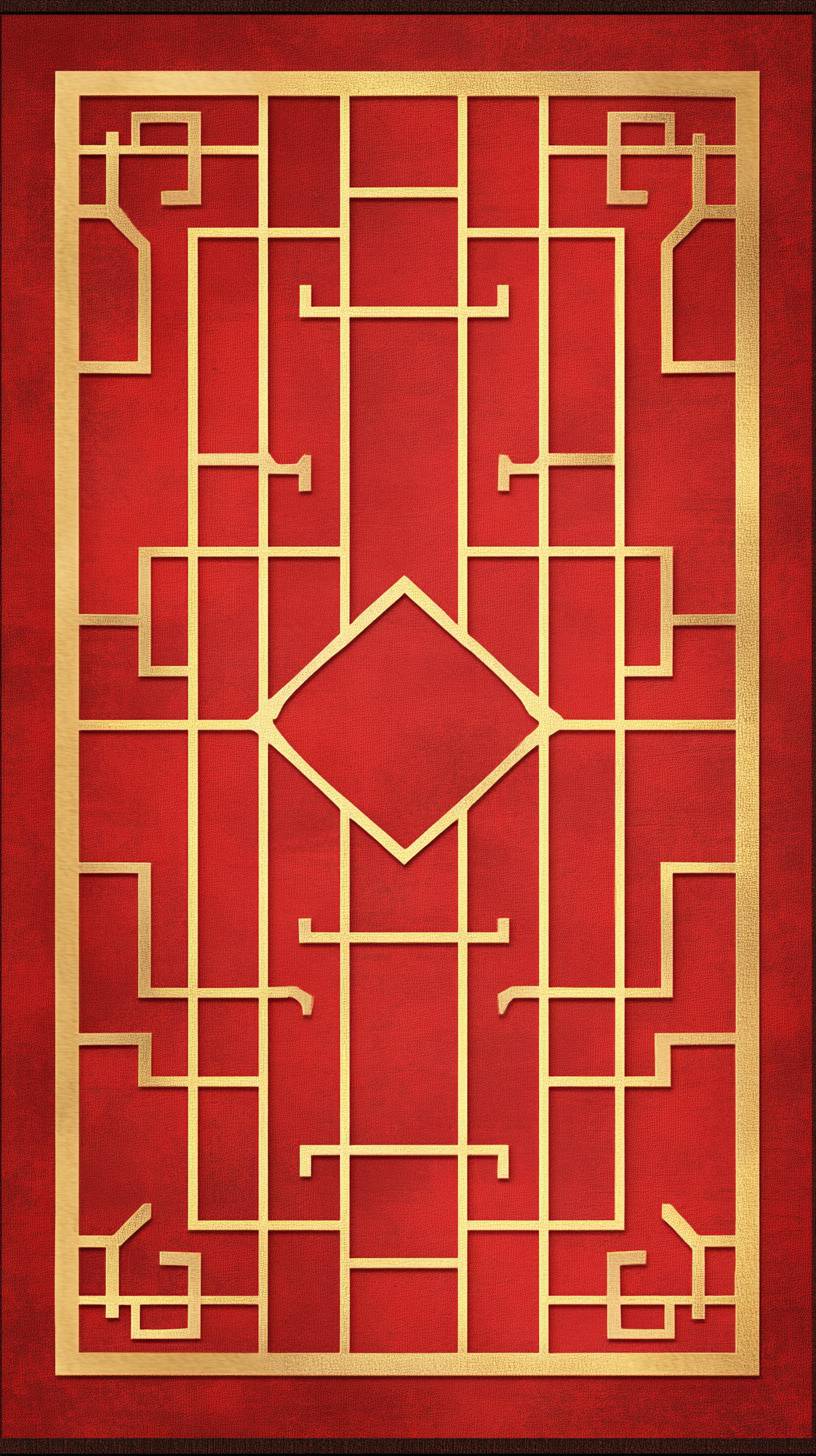 Eine moderne Interpretation traditioneller chinesischer Elemente mit subtilen roten geometrischen Formen, die sich in einem sauberen Rastermuster verbinden, mit sanften Schatten und einem warmen goldenen Rand.