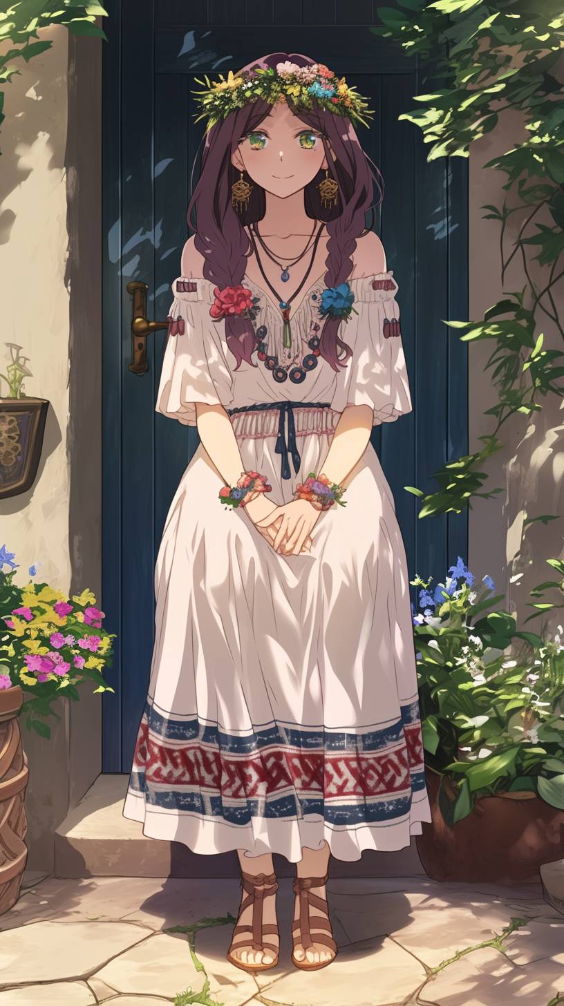 Une fille dans une robe boho de Free People, des sandales gladiateur, des colliers superposés et une couronne de fleurs dans un festival de musique.