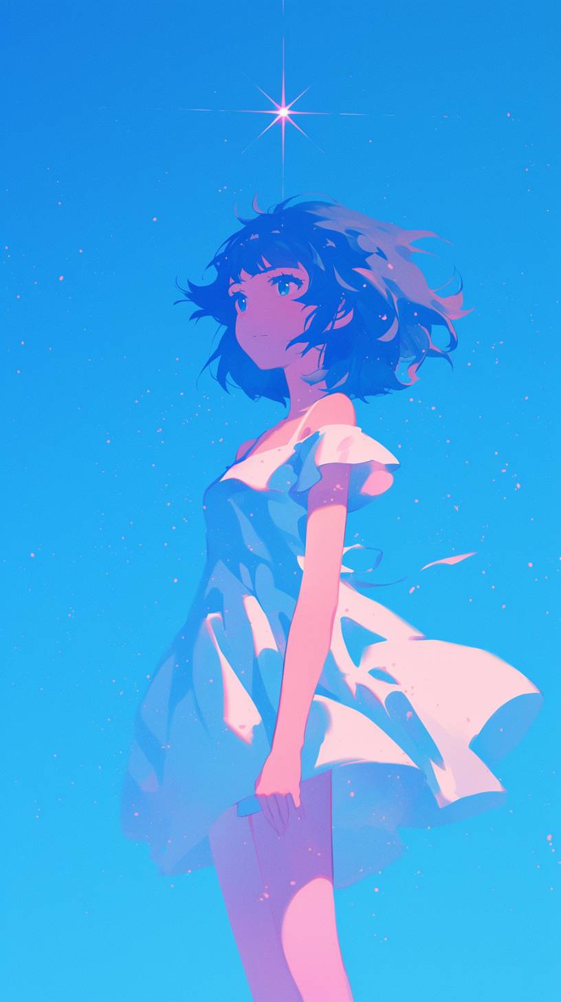 Fille d'anime sous un ciel étoilé, design minimaliste, blocs de couleurs propres