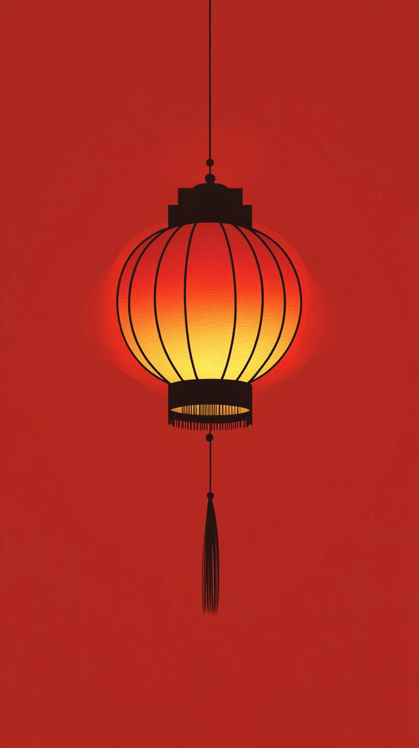 A traditional Chinese lantern silhouette against a solid red background, simple yet striking with a golden glow, evokes a festive vibe.