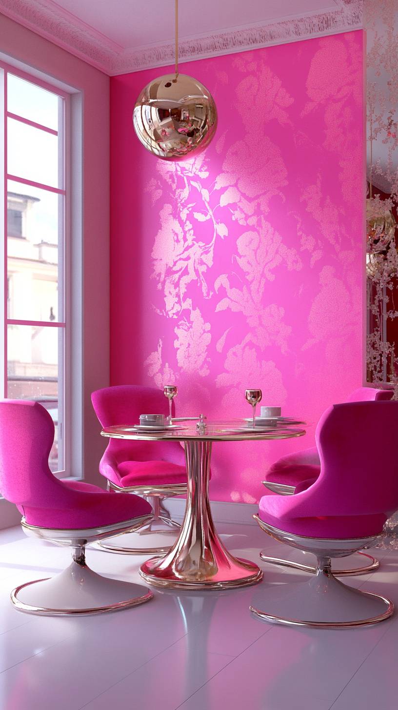 Shocking pink wallpaper with golden and silver decorations.