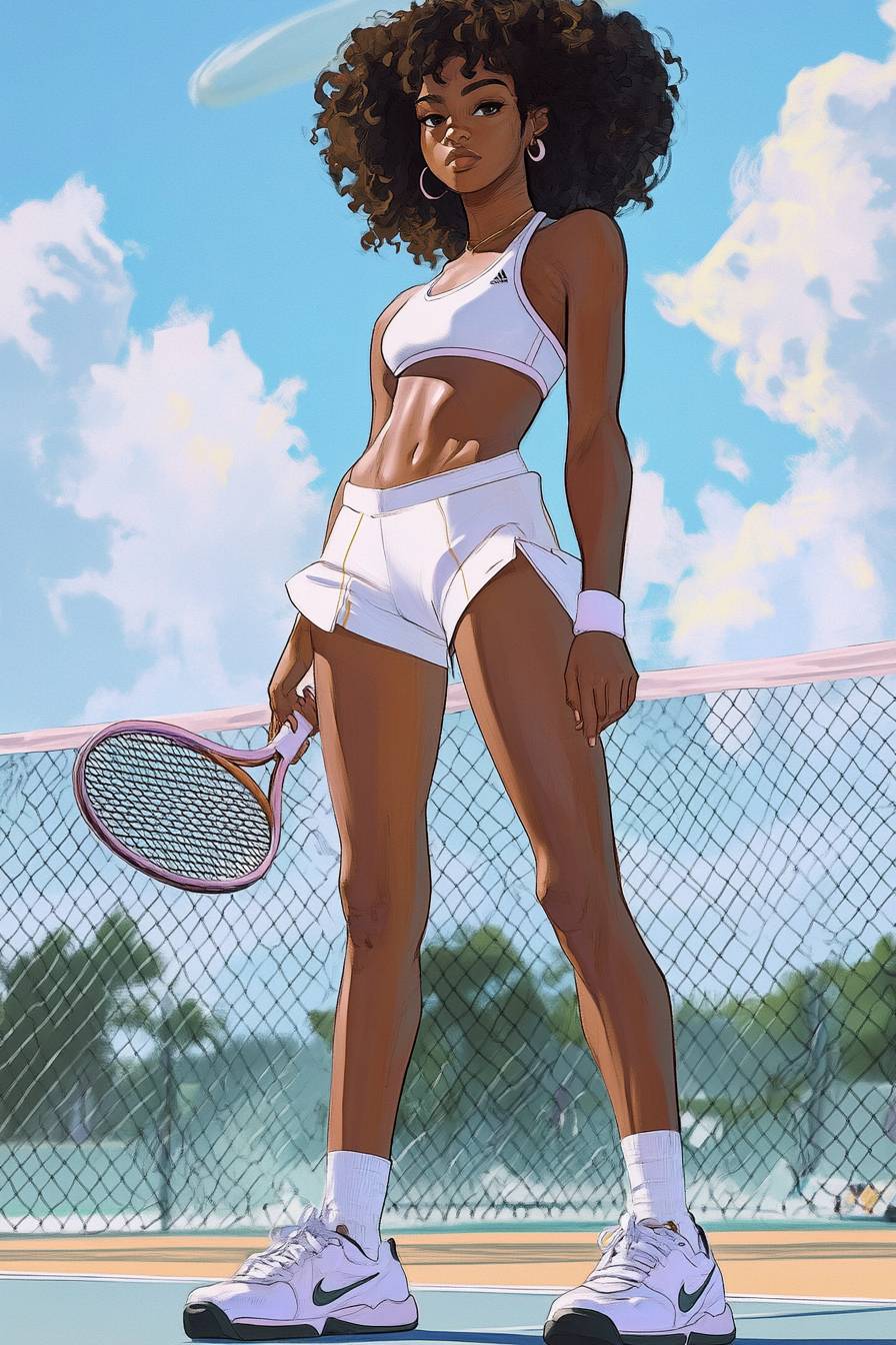 A girl in Naomi Osaka style wearing avant-garde athletic wear and designer sneakers on a tennis court.