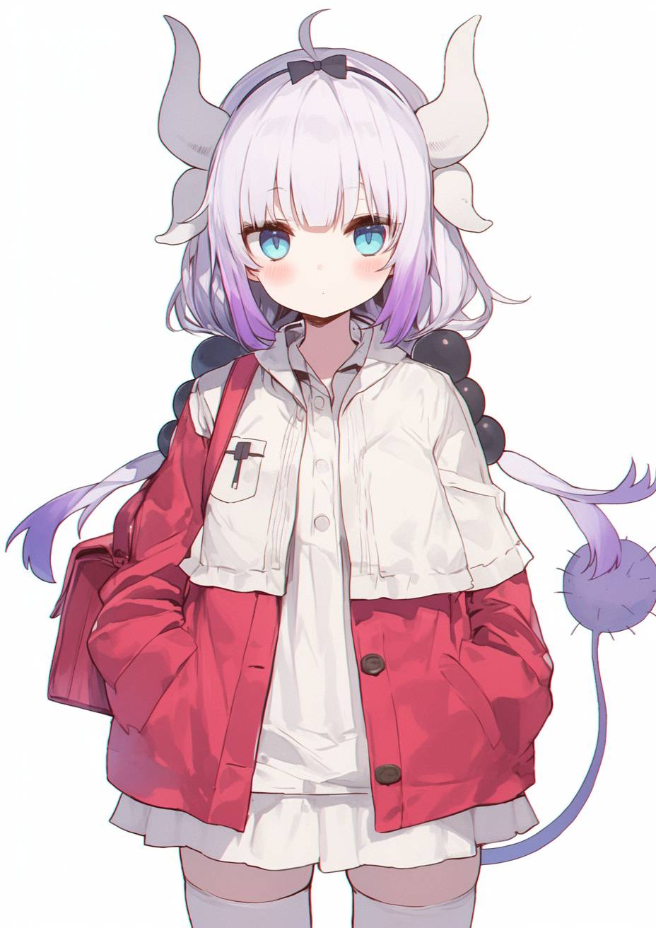 Kanna Kamui de Miss Kobayashi's Dragon Maid está vestida com roupas casuais fofas, andando pelo parque com um brinquedo de pelúcia.