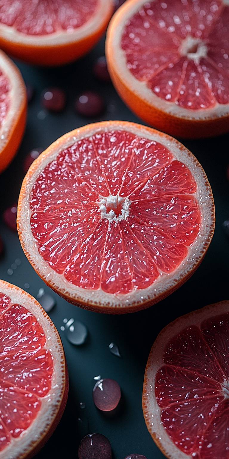 A macro shot of a pink grapefruit.