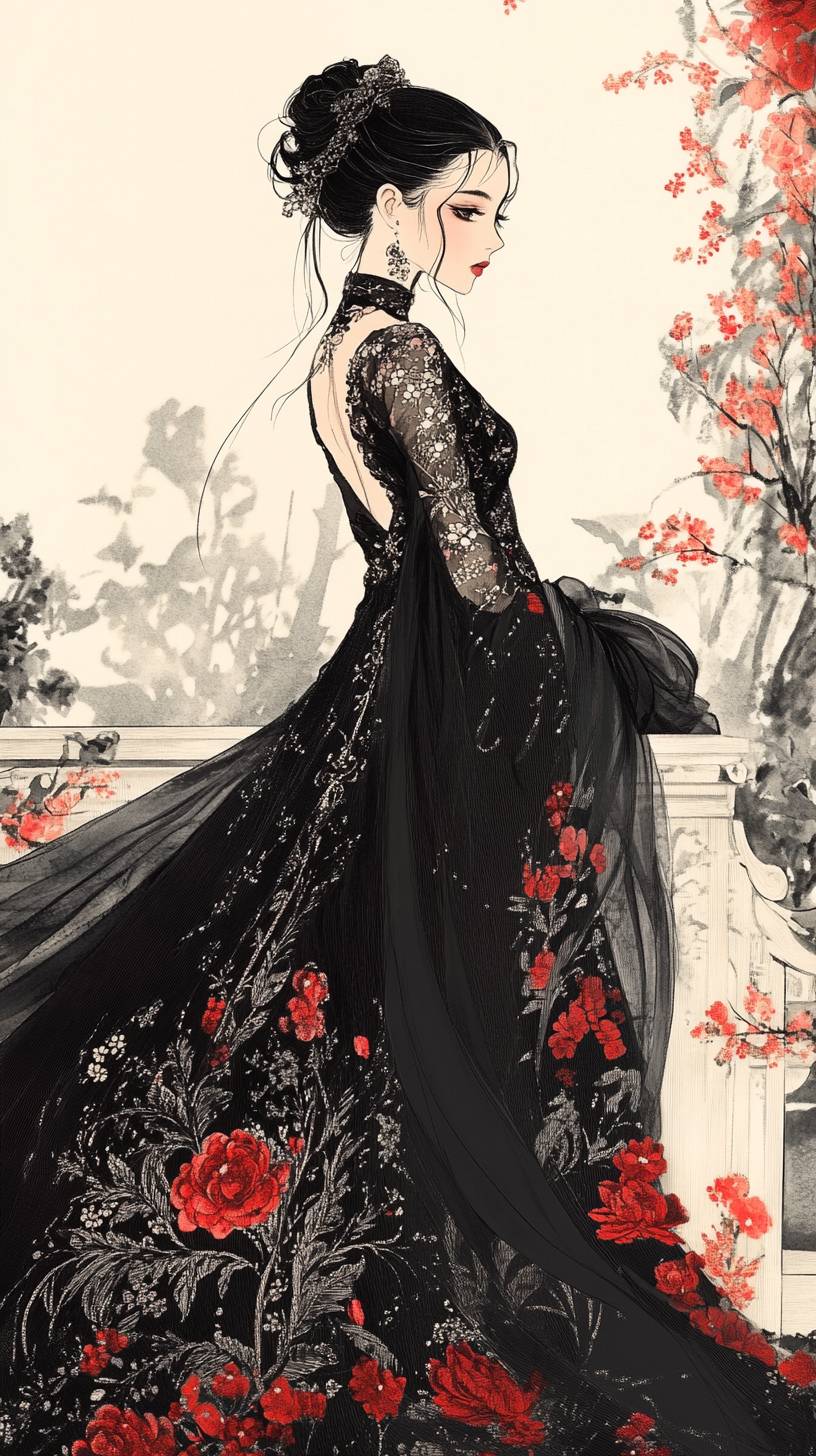 A girl in a Dior embroidered dress, elegantly accessorized, with long flowing hair in a traditional garden.