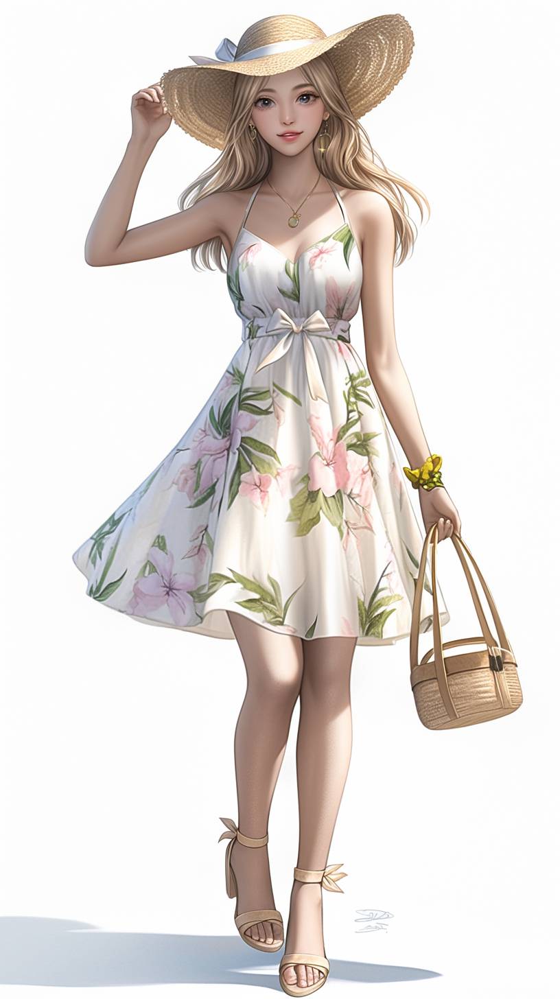 Ein realistisches Anime-Mädchen in einem blumenmidi-Kleid, kombiniert mit beigen Gladiatorensandalen und einem breitrandigen Sonnenhut. Sie trägt eine Strohtasche und hat ein leichtes, naturlikes Make-up.