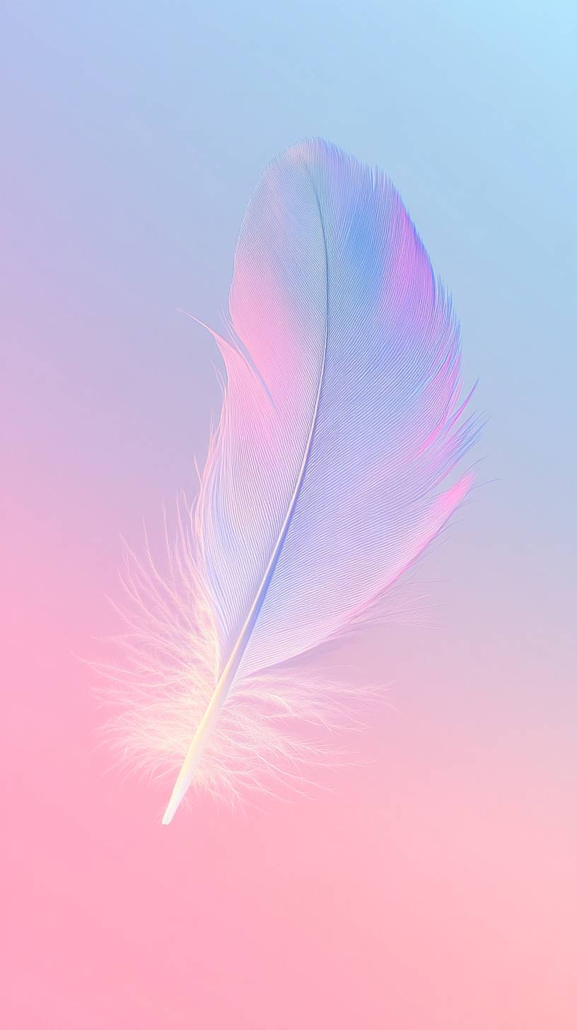 A light feather floats against a soft gradient background, creating an ethereal atmosphere.