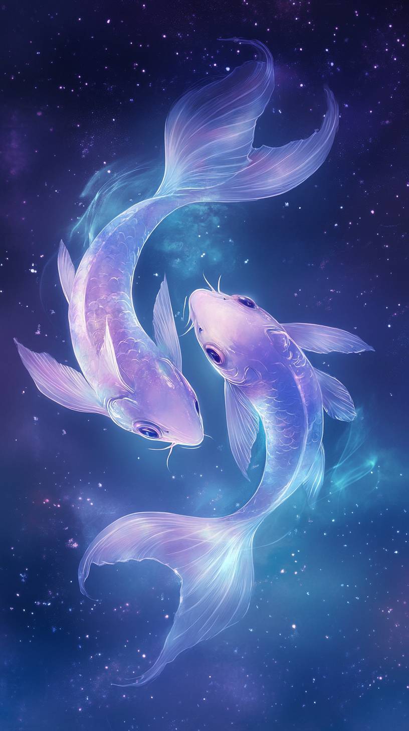 Una escena de ensueño con Piscis representado como dos peces brillantes entrelazados, flotando en una galaxia estrellada, con suaves degradados de púrpura y azul.