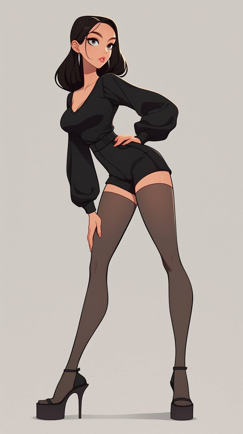 Personaje de dibujos animados con piernas largas y figura esbelta en un elegante bodysuit negro, pantalones cortos de cintura alta y sandalias de plataforma.