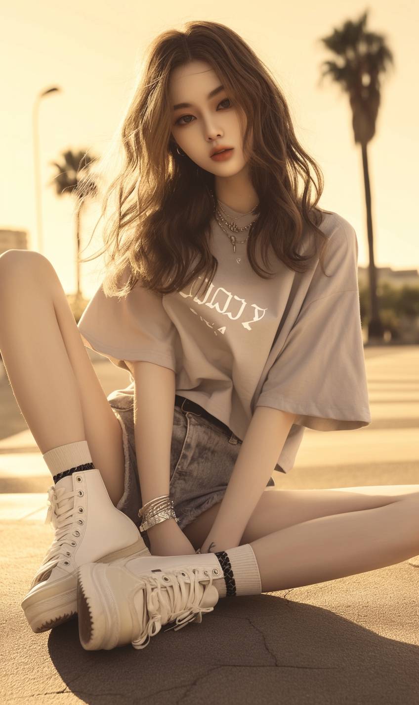 A girl wears a cool printed tee, frayed shorts, white boots, and a thin bracelet stack with wavy long hair at a city park during sunset.