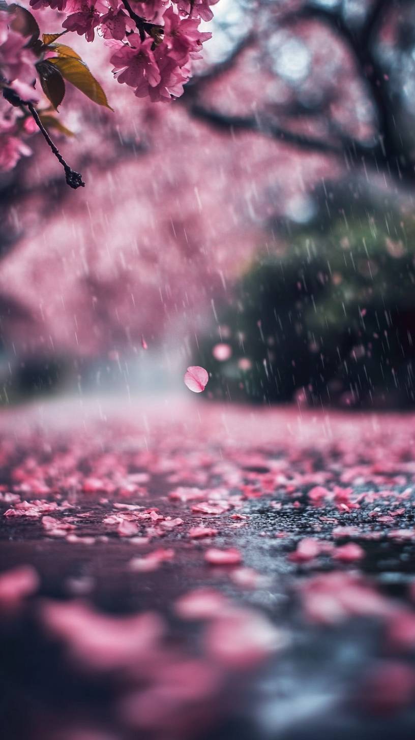 Cherry blossom path, pink petals falling, romantic scene