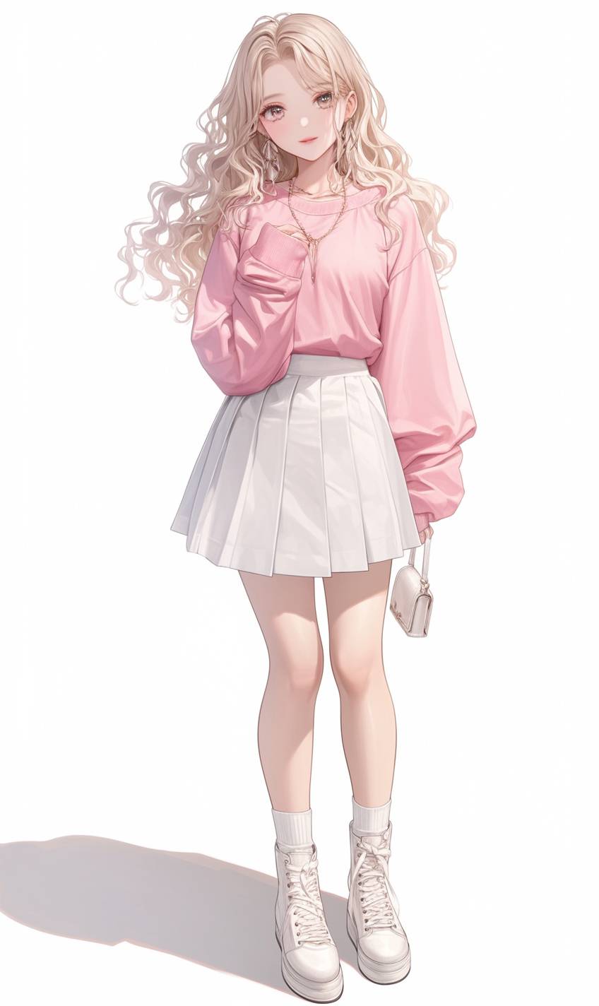 Uma garota de anime realista em CG em um suéter rosa suave e uma saia plissada branca, combinada com ankle boots brancos, colar delicado e uma pequena bolsa transversal, com ondas suaves no cabelo.