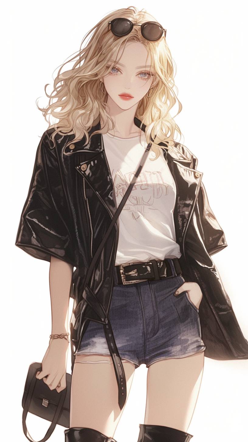 Ein von Gigi Hadid inspiriertes Anime-Mädchen trägt ein weißes Grafik-T-Shirt, eine schwarze Lederjacke und Denim-Shorts.