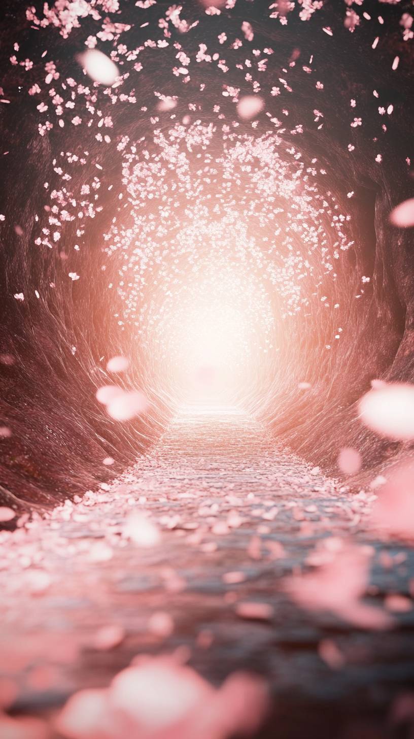 Túnel de flores de cerezo, pétalos rosados cayendo, camino romántico