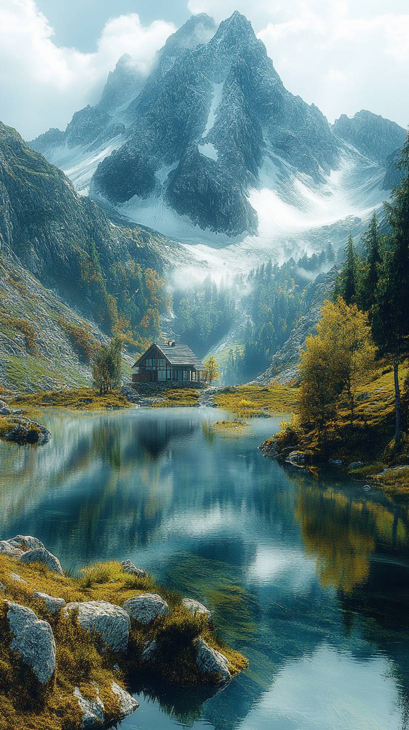 High-quality smartphone wallpaper, 8K ultra HD, tranquil lake surrounded by mountains, fog rising from the water, soft pastel sky.