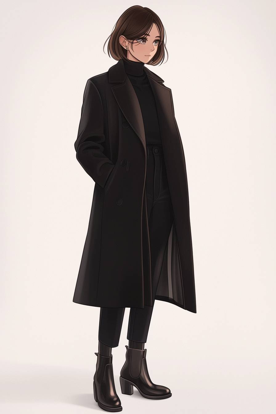 A girl wears a Massimo Dutti wool coat, turtleneck, straight leg pants, and ankle boots, showcasing an elegant winter look.