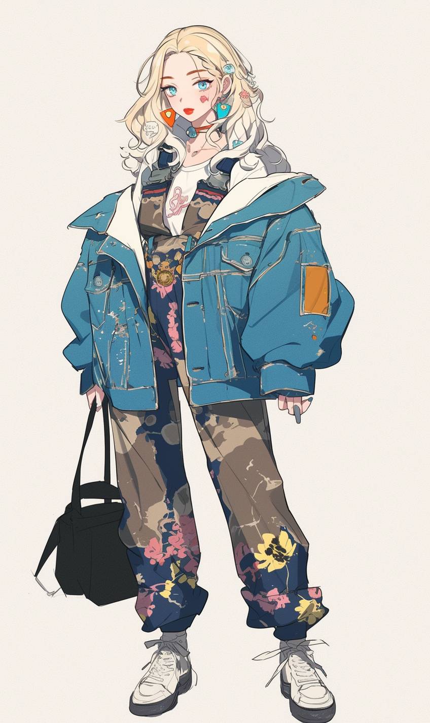 O personagem está vestido com um macacão floral, jaqueta jeans rasgada e tênis high-top, inspirado nas escolhas de moda de Billie Eilish.