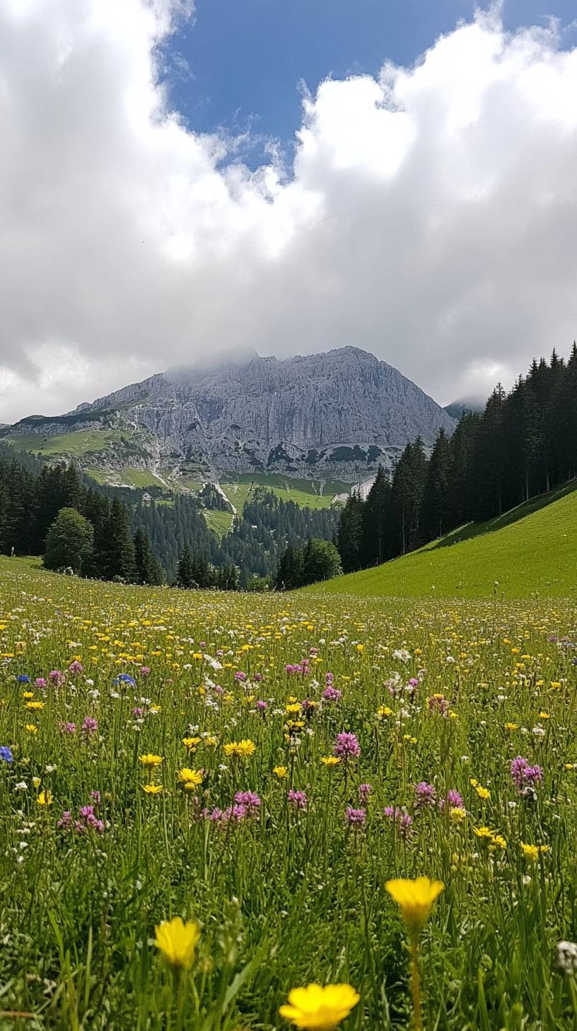 Alpine flower meadow with a mountain backdrop and summer clouds, fresh atmosphere.