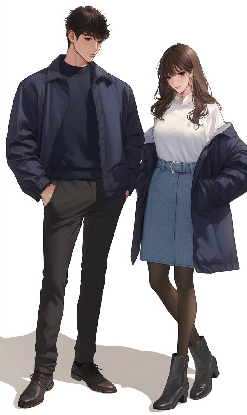 Ein CG-realistische Anime-Paar in lässiger, schicker Kleidung: Er trägt eine dunkelblaue Jacke und schwarze Hosen, sie ein weißes Oberteil und einen Jeansrock, und sie teilen ein warmes Lächeln.