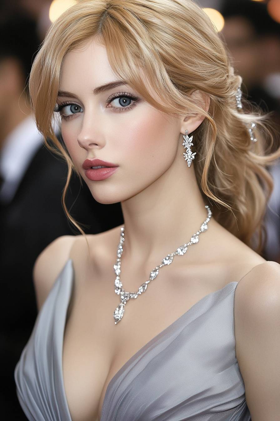 A girl in an Armani evening gown with diamond jewelry showcasing Hollywood glamour.